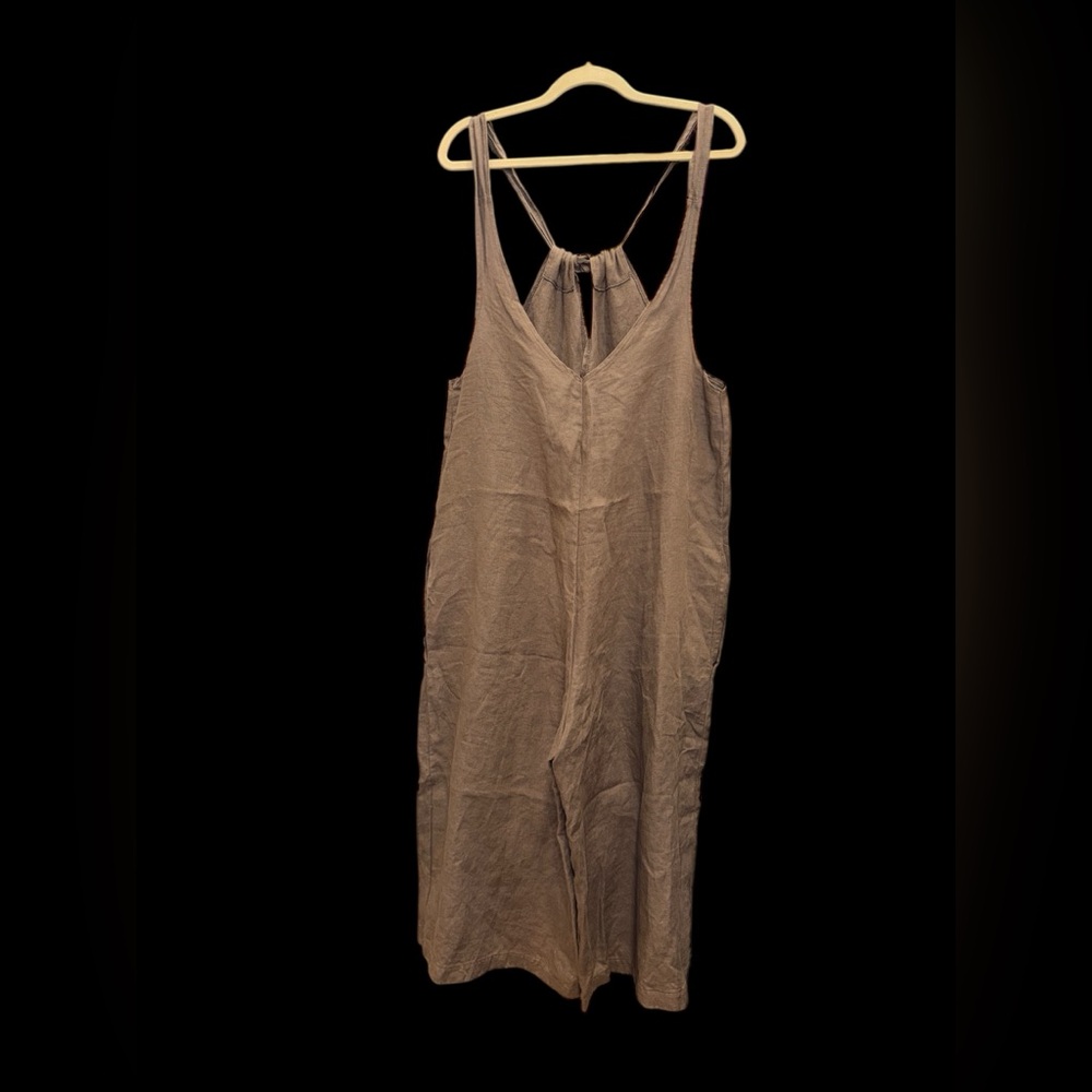 Brown custom made Linen Jumpsuit with side pockets tie at back med large - Picture 3 of 8
